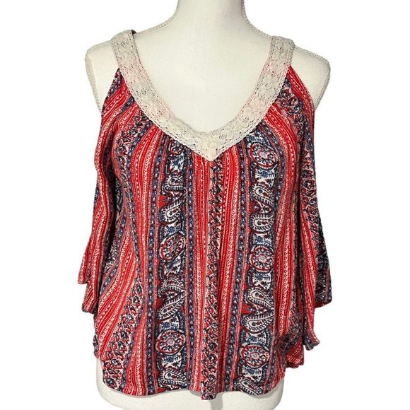 Hollister size L cold shoulder gauzy top with double v-neck & bell sleeves EUC - Picture 2 of 14